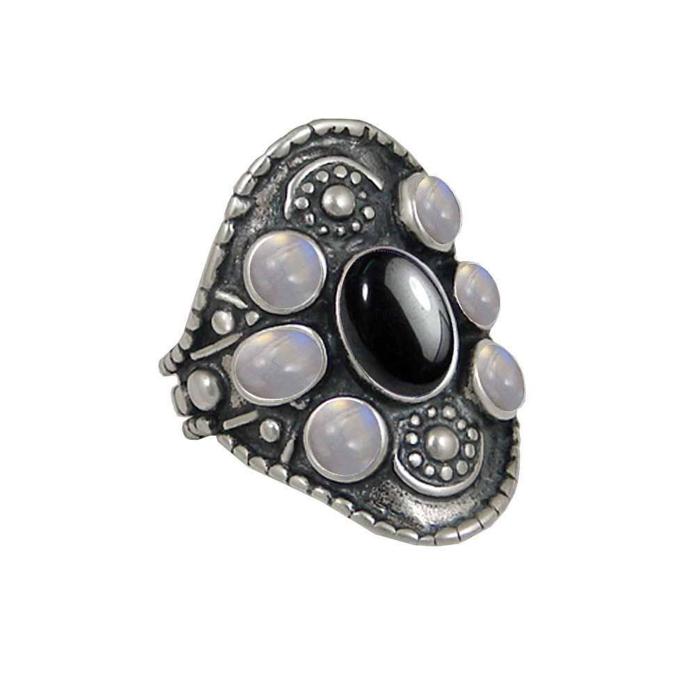 Sterling Silver High Queen's Ring With Hematite And Rainbow Moonstone Size 7